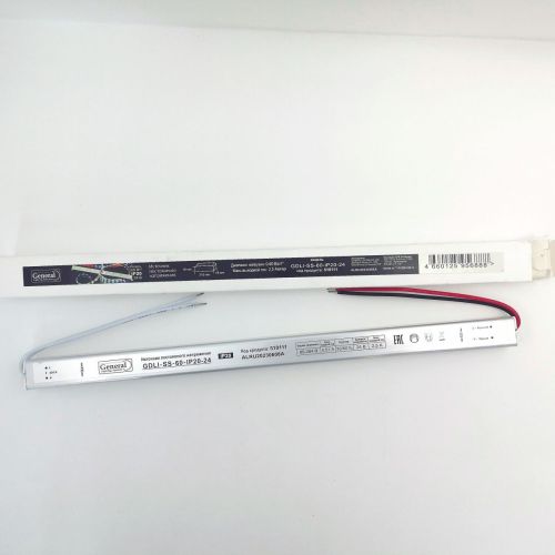 Блок питания для св/д техники, 24V, 2.5A, 60W, с проводами, мебельный (длинный), 310x18x18мм, IP22, вх: AC 110-240V, металл GENERAL GDLI-SS-60 510111