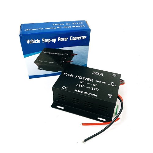 Преобразователь напряжения автомобильный. Uвх.= 12v; Uвых.= 24v; I=20A; (12/24); корпус- металл; цвет: черный; 2 провода для подключения (красн/ черн.