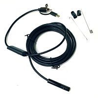 ВИДЕОЭНДОСКОП с двумя камерами (фронтальная и боковая) "Android 3 in 1" (microUSB + USB + Type-C) (d=8мм/мягкий кабель- 5м) ; IP67;  HD 640*480/1280*7