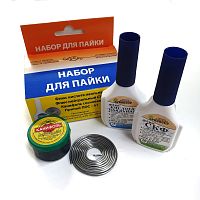 Набор для пайки "УНИВЕРСАЛЬНЫЙ"  4 предм ( Кислота паяльная; флюс СКФ; канифоль сосновая; припой 1.5мм  спираль ПОС-61 ) В коробке 