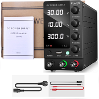Блок питания лабораторный, 0-30V, 0-10A, 300W, 290x120x200мм, вх: AC 220-250V, с кабелем, металл, вентилятор. Гнездо USB-A KUAIIQU SPS-C3010